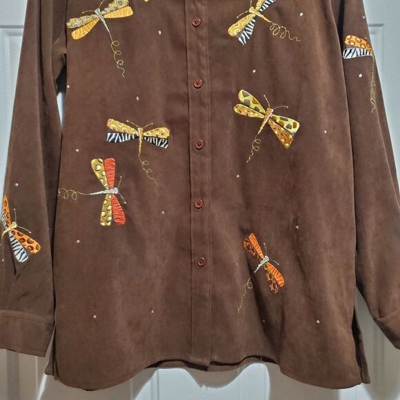 Quacker Factory Embroidered Dragonfly Printed Button Down Blouse Size S - Picture 5 of 11
